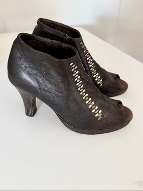 Calleen Cordero Dark Brown Peep-Toe Heeled Booties with Studs